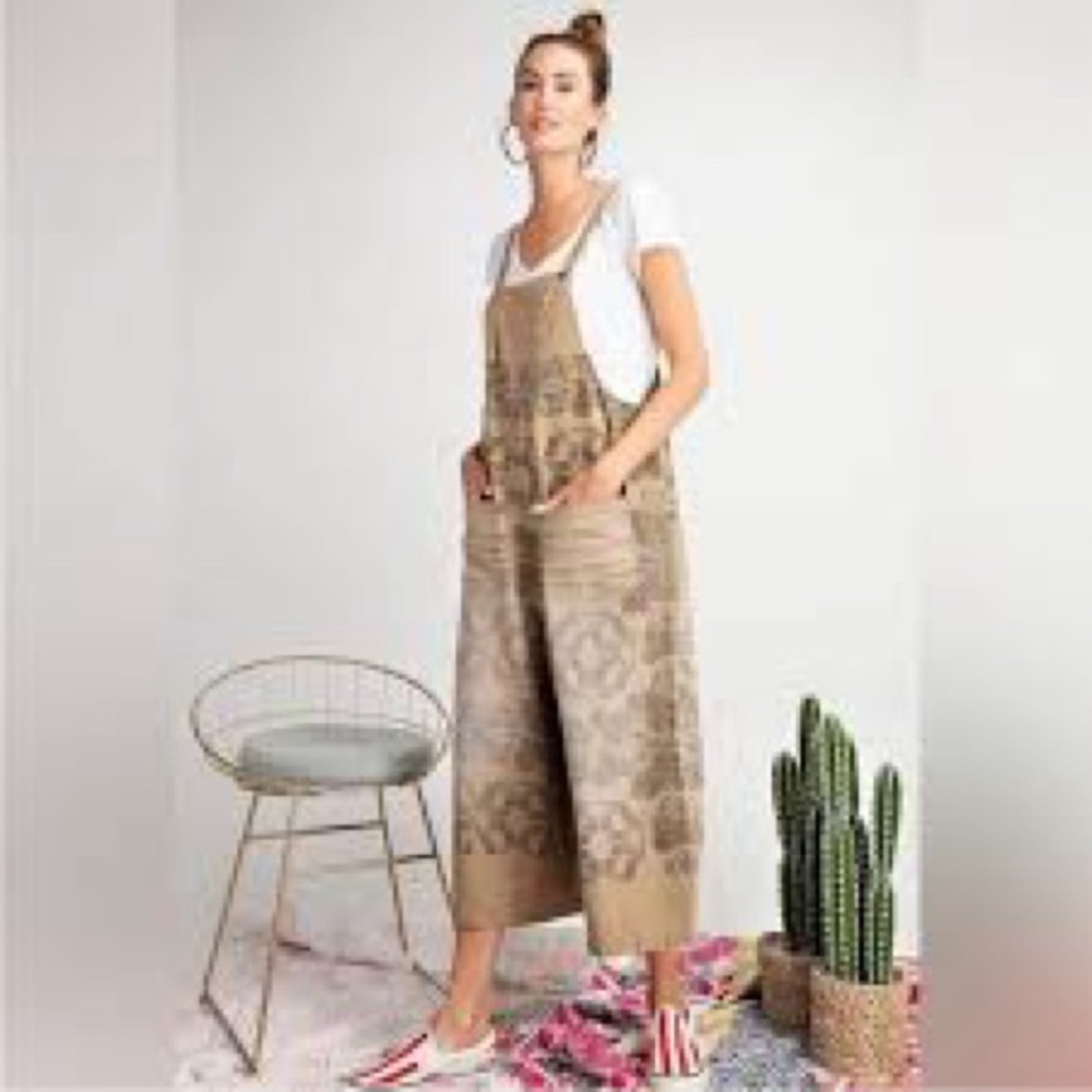 Easel boho floral printed tan and brown wide leg overalls with adjustable straps